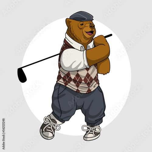 cute bear play golf cartoon vector