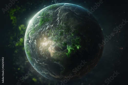 Digital green futuristic globe, viewed from space, in the solar system, in the stars, view of the earth, our planet, ai, cyber, eco, climate, war created with generative ai technology, chance, hope