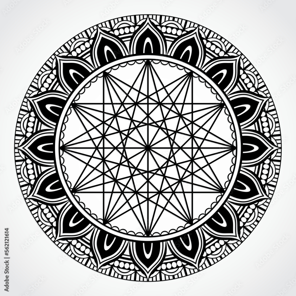 black color ornamental mandala with geometric star center