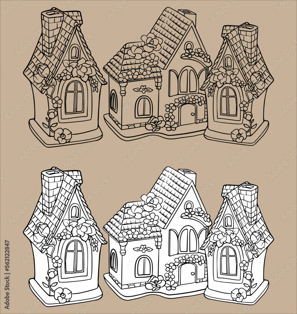 Gingerbread House Vector. Vector black and white illustration. For coloring and design books. Cute illustration. Toy house.