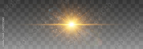 Glow light effect with magical light dust. Bright sun with dusty shine. Vector transparent sunlight with flying particles of light. Light PNG. Christmas vector illustration isolated on png.