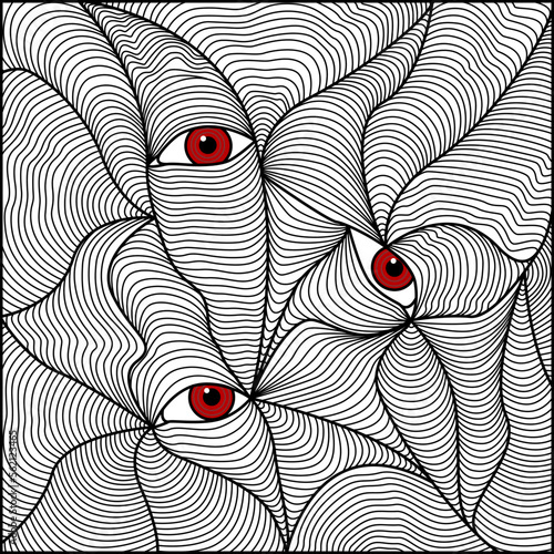 black and white psychedelic eyes in zenart style