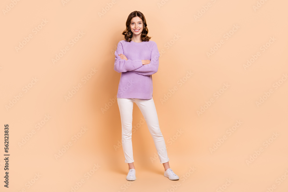 Obraz premium Photo of stunning lady wear stylish clothes promoting new collection boutique stand near empty space isolated on beige color background