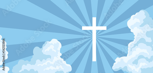 Christian illustration of sky with clouds and cross. Happy Easter image.