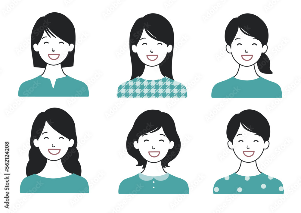 にっこり笑顔の女性アイコンセット ヘアスタイル色々バリエーション 緑B