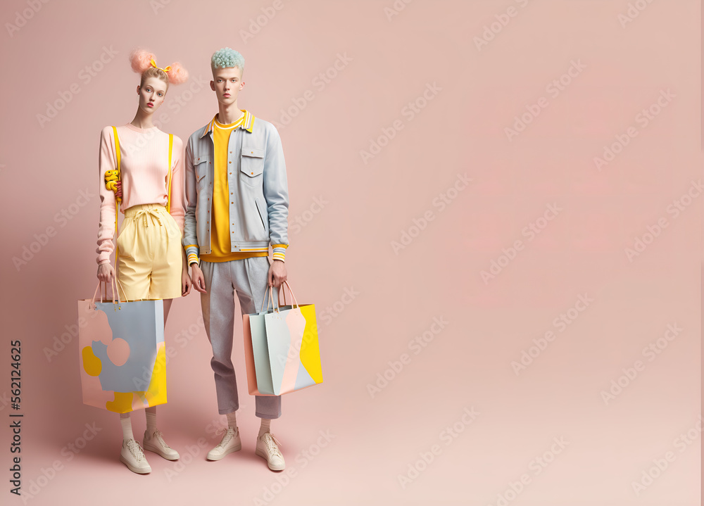 Two cute children, a boy and a girl, two teenagers laughing, having fun, posing together and go shopping. Pastel background, youth and joy. Illustration. Generative AI. Two cute children, a boy and a girl, two teenagers laughing, having fun, posing together and go shopping. Pastel background, youth and joy. Illustration. Generative AI.