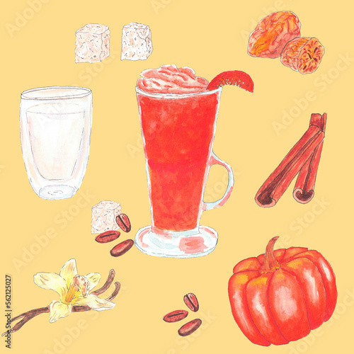 pumpkin latte coffee, Autumn food and drinks, tasty sweet desserts, seasonal flavored products, Autumn Holiday Hot Drink, Coffee restaurant brochure, Spicy dessert, Pumpkin spice recipe ingredients