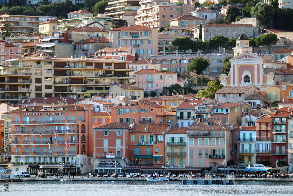 Villefranche-sur-mer, France - 26.11.2022: View of Villefranche-sur-mer on a sunny autumn day
