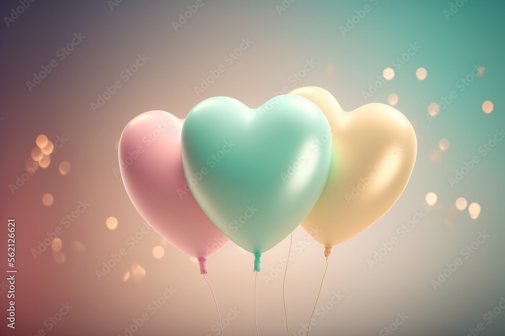 Pastel balloon heart shape flying on bokeh light abstract background. Love and party concept. Generative AI