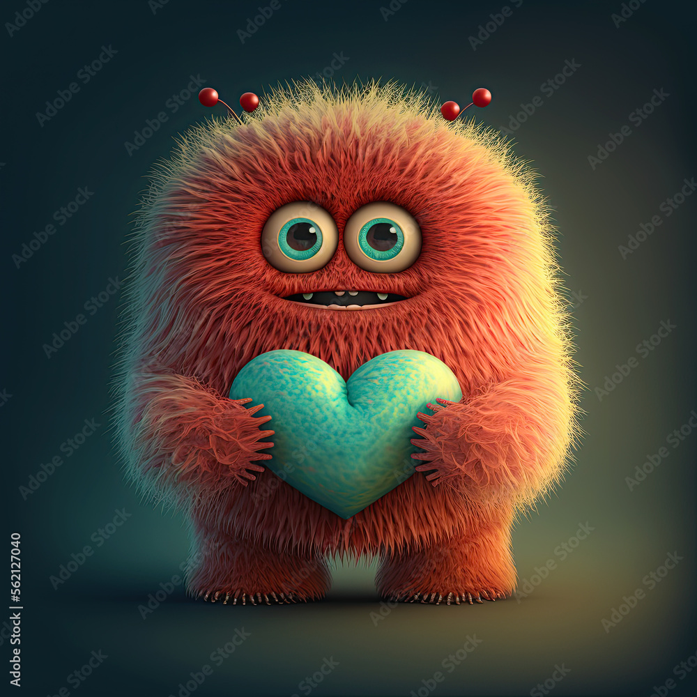 Adorable monster holding a heart. Cute valentines monster. Cute fluffy creature with a heart. Valentines day card. - obrazy, fototapety, plakaty 