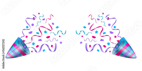 Exploding colorful bright azure pink purple party popper with confetti and ribbon banner. Perfect for Purim Jewish holiday