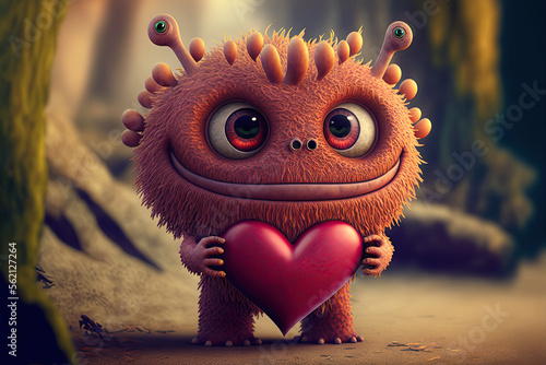 Adorable monster holding a heart. Cute valentines monster. Cute fluffy creature with a heart. Valentines day card.