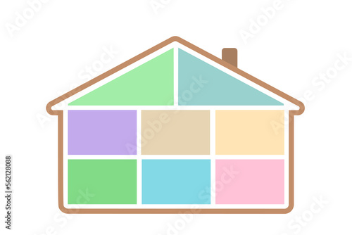 Dollhouse with eight empty place for rooms, in cross section. On white background. Doll house interior concept. Cartoon flat style. Vector illustration