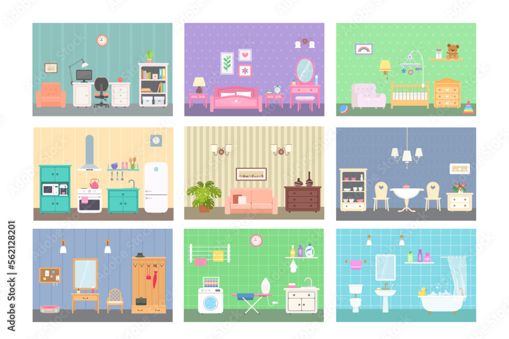 Nine different rooms with furniture. Doll house interior concept. Kitchen, bathroom, bedroom, office, dinner room, nursery, living room, laundry, hallway. Vector illustration cartoon flat style