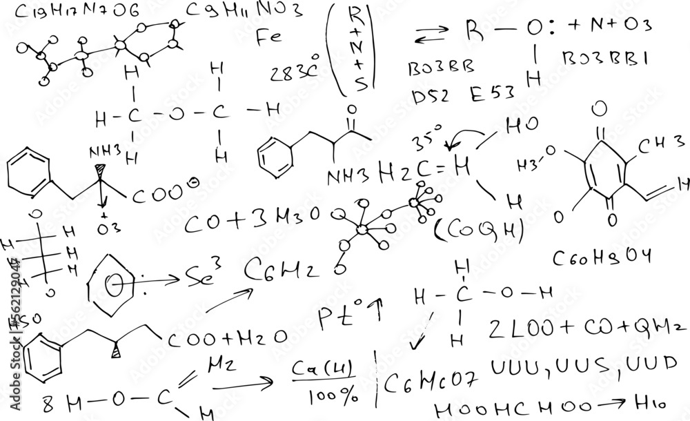 Chemical formulas and expressions. Vector scientific background. Handwritten on white.
