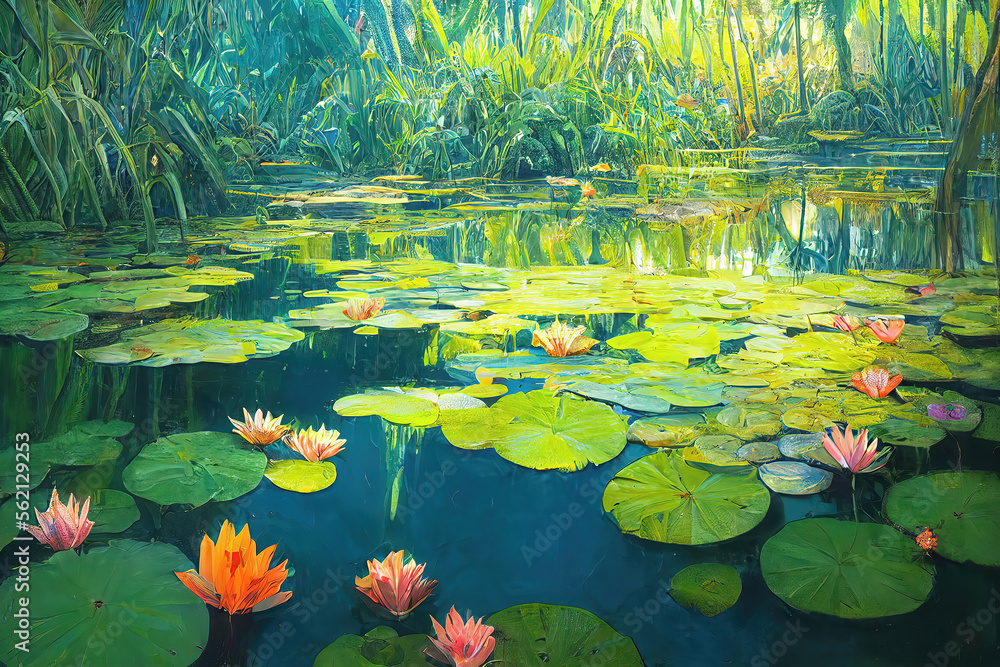 Illustration of Pond in the forest. Genrative AI Illustration of Pond in the forest. Genrative AI