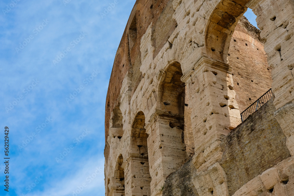 Roman Colosseum in detail showing erosion and ongoing restoration.