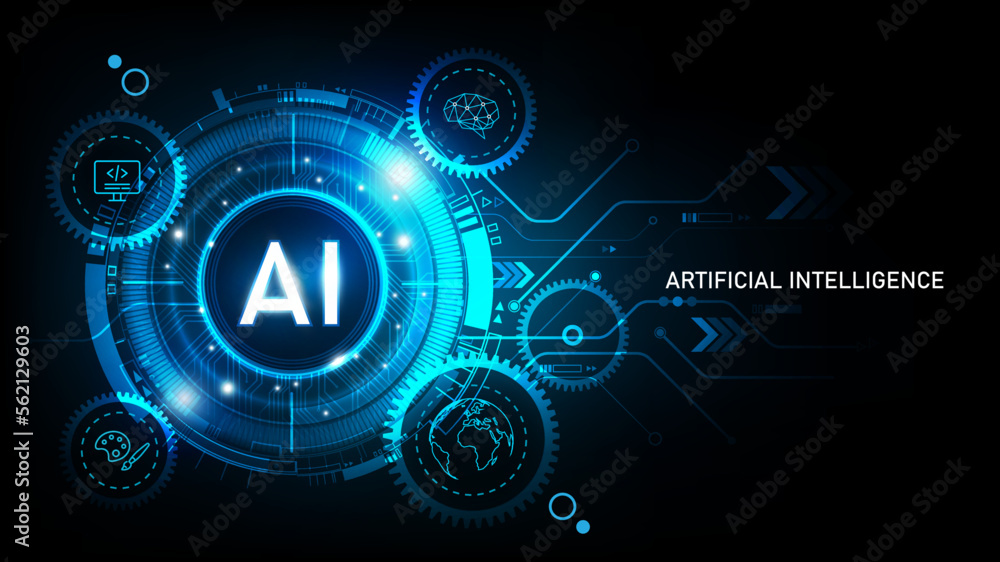 Artificial Intelligence Logo on futuristic technology background, AI disruption concept, neural network, big data, digital Hud futuristic and deep learning, vector illustration
