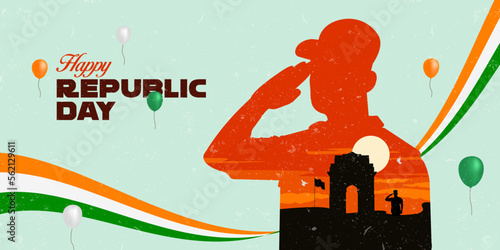Silhouette of Indian soldier saluting for Indian Republic Day, 26 January editable template banner.