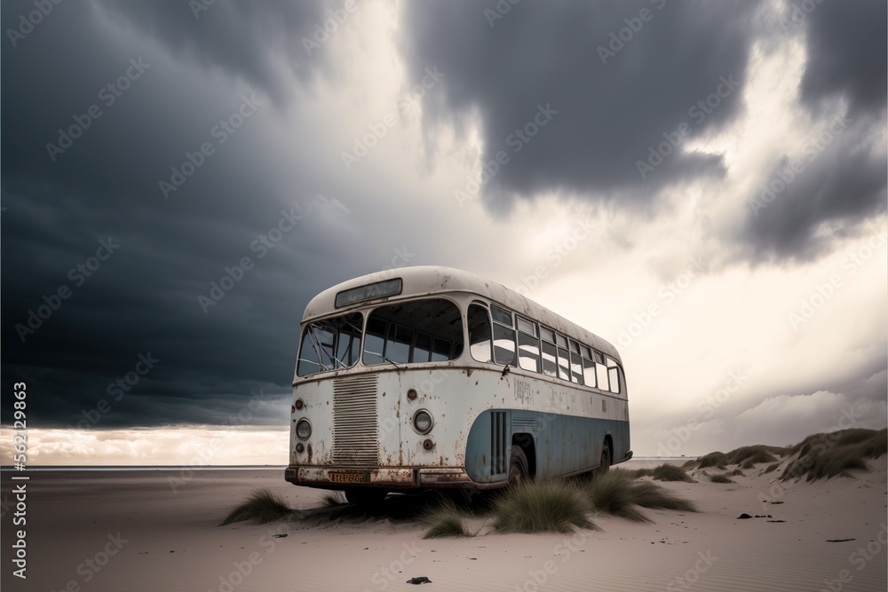 old bus abandoned on the beach
