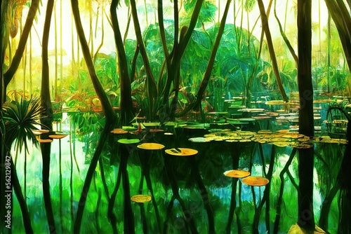 Illustration of Pond in the forest. Genrative AI