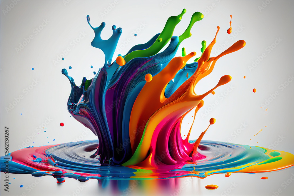 Obraz premium Multicolored splashes of paint on a white background as a background or wallpaper. AI generated.