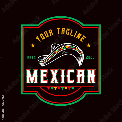 Colorful Retro Vintage Sombrero Hat, Emblem Logo Label Design, Simple Vector on dark background
