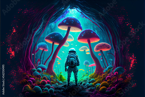 An astronaut in a spacesuit in a forest of colored hallucinogenic mushrooms. A small astronaut under large multi-colored mushrooms. photo