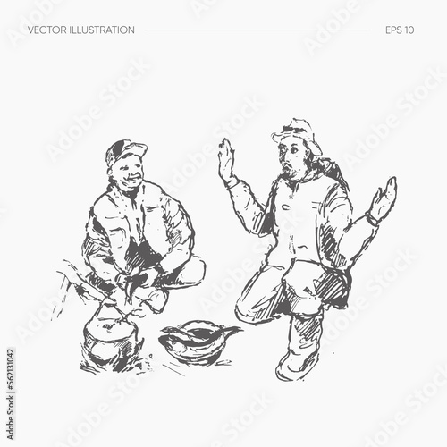 A fisherman tells his friend how he caught a fish