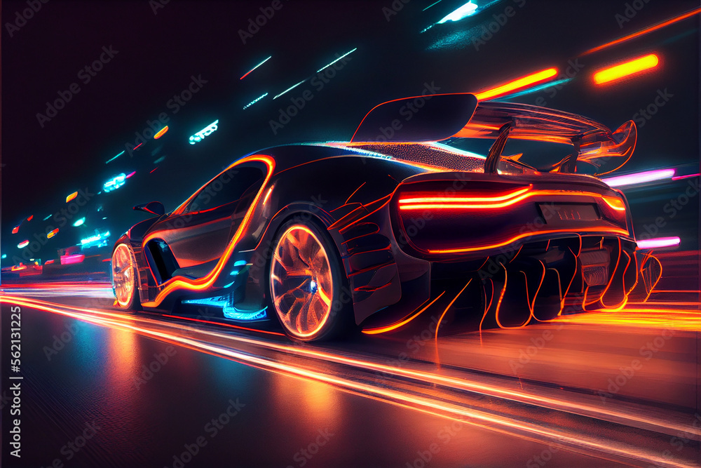 Futuristic neon glowing car on a night highway, blurry lights. AI generated.