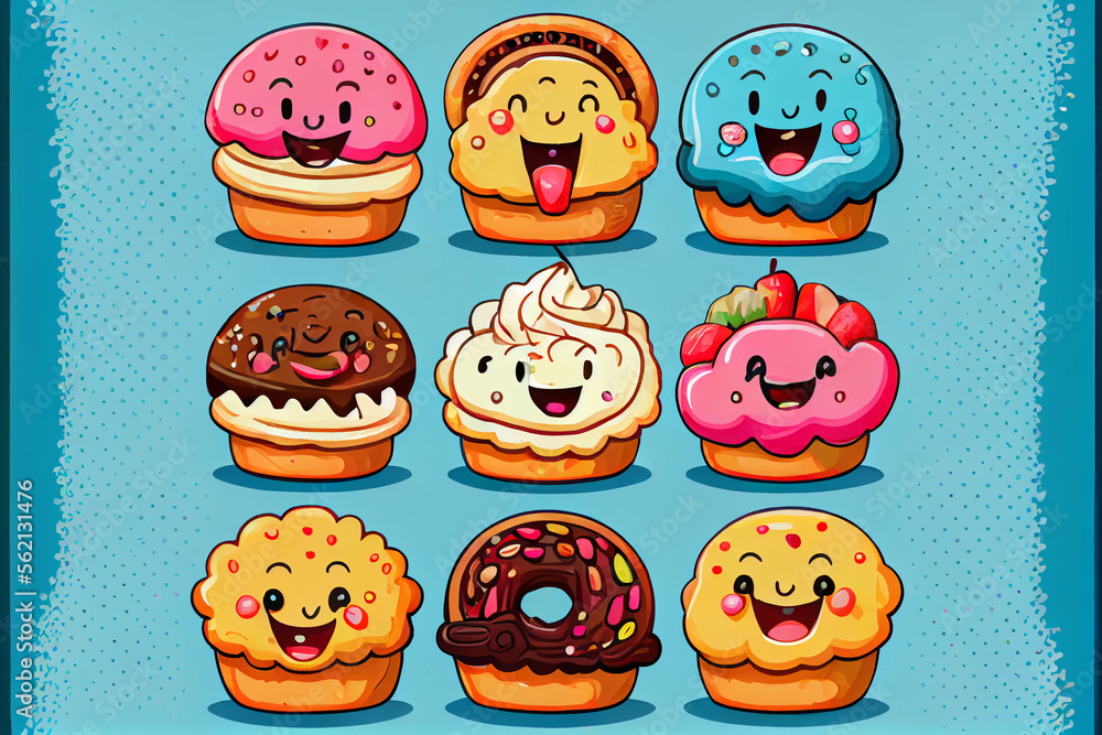 Set of fun pastries, funny desserts on a white background. Muffin, ice cream, donut and other sweets with eyes and smiling face as a funny cooking background.