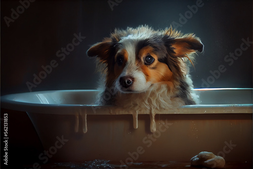 Cute puppy in a bath, generative AI