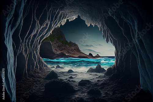 Cave in the ocean with blue...