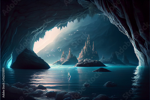 Cave in the ocean with blue...