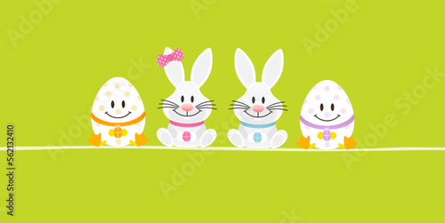 Weiße Osterhasen Mädchen & Junge & 2 Ostereier Banner Grün