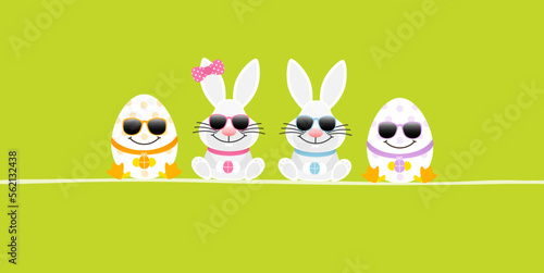 Weiße Osterhasen Mädchen & Junge Sonnenbrille & 2 Ostereier Banner Grün