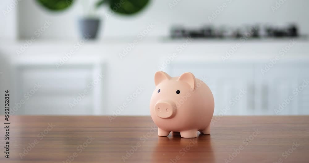 on the wooden table in kitchen is a piggy bank in a bright space. A woman's hand puts a coin in an peachy open piggy bank. The concept of saving money in a piggy bank or new start up. straight view. on the wooden table in kitchen is a piggy bank in a bright space. A woman's hand puts a coin in an peachy open piggy bank. The concept of saving money in a piggy bank or new start up. straight view.