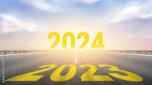 Concept banner of change of year. Concept of change 2023 on 2024 year. Concept of planning, opportunities, hope and life change. Vector illustration of highway with number 2024 on horizon.