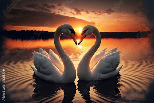 2 beautiful white swans facing each other