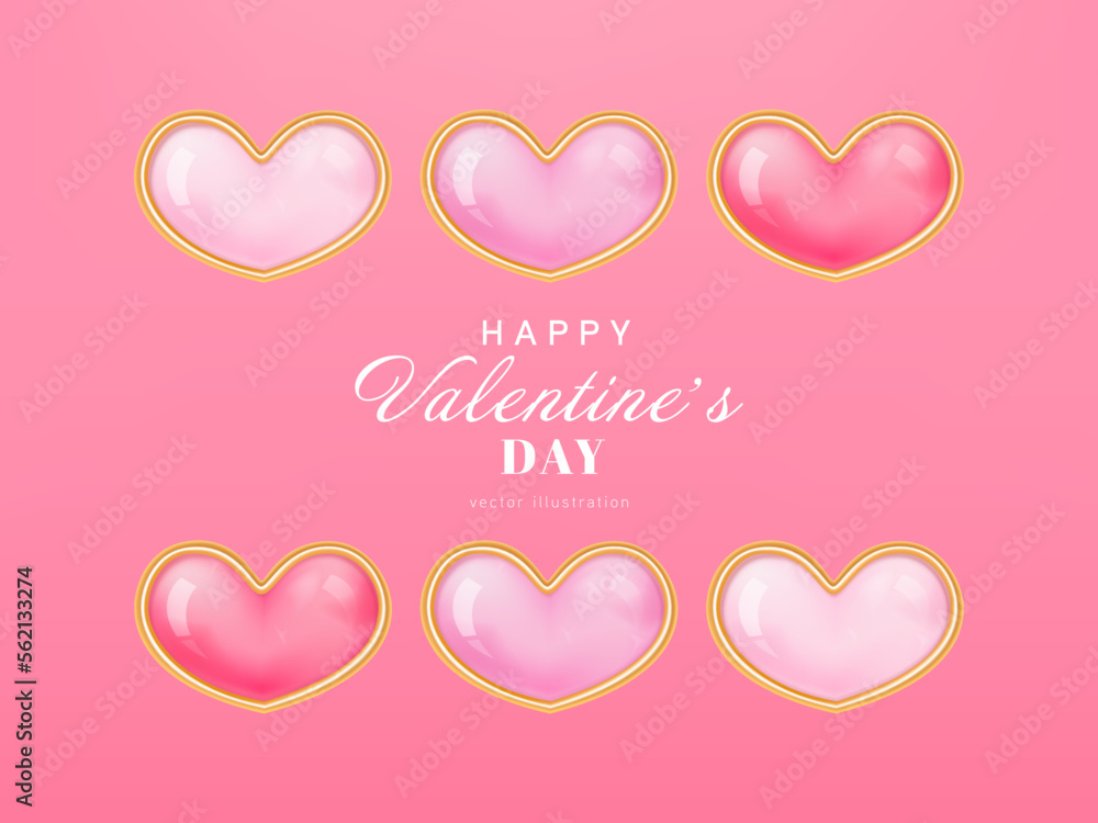 3d heart shape collection, rose quartz isolated on light background. Decoration for Valentine's Day and Mother's Day decoration.