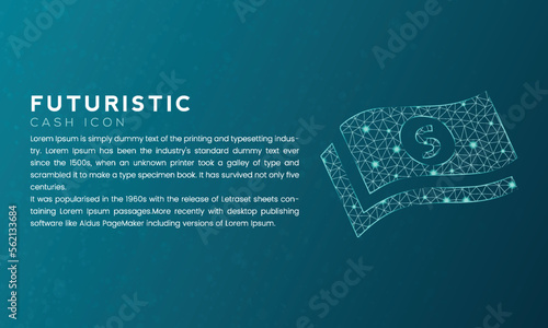 Blue futuristic cash icon concept with polygon node connected dots and neon effect