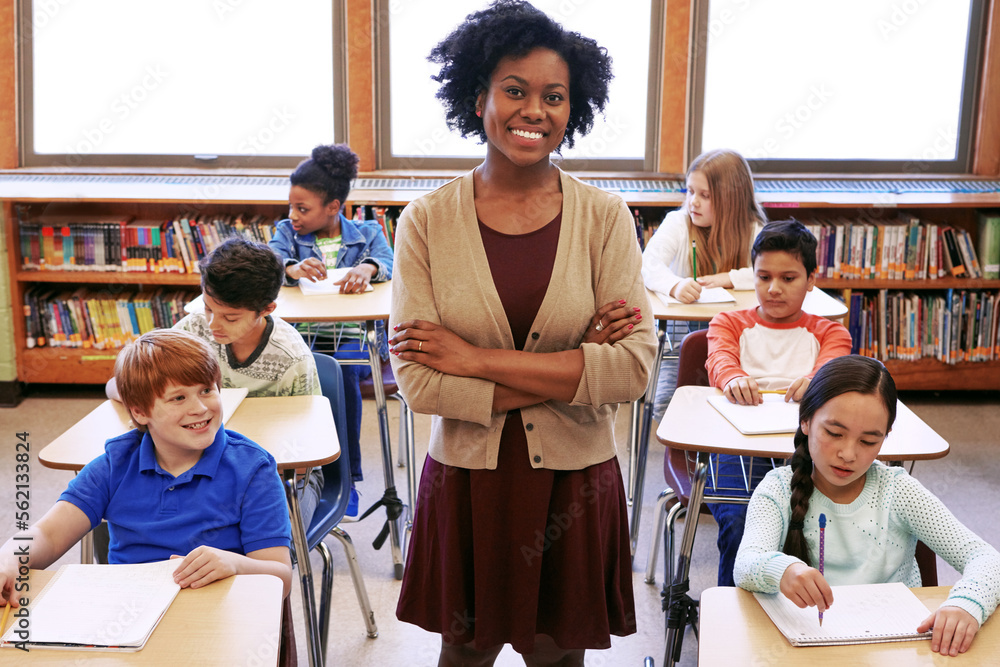 Portrait, black woman and teacher with students learning in classroom ...