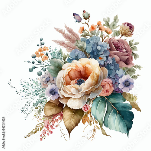 Watercolor floral illustration - flower bouquet for wedding. Decorative elements template. Flat cartoon illustration isolated on white background