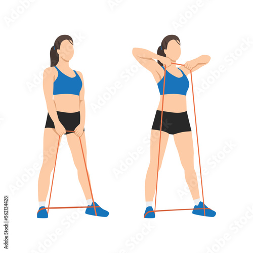 Woman doing Upright Row Home Workout Exercise with Thin Resistance Band. Flat vector illustration isolated on white background