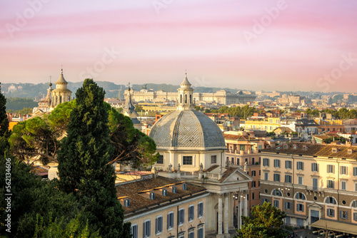 Romantic sunset view from the Pincio of Piazza del Popolo urban square with an Egyptian obelisk of Ramesses II in the center in Rome, Lazio, Italy Europe