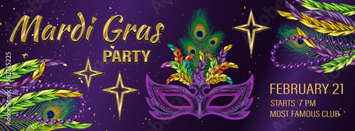 Horizontal carnaval purple banner with mask, feathers, golden text. Template for Mardi Gras carnival, party in vintage style. Illustration inside of clipping mask. Detailed illustration