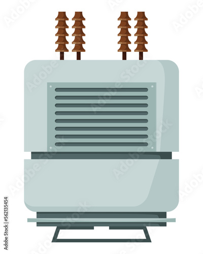 High voltage electrical transformer and isolator. Energy substation. Power supply icon isolated on white background for web design. Flat cartoon illustration