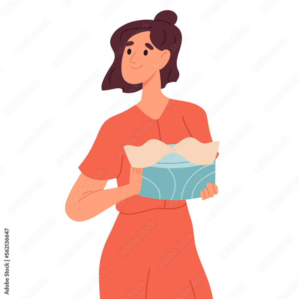 Woman holding gift box. Cheerful female person carrying xmas gift, character carrying wrapped gift box flat cartoon vector illustration Woman holding gift box. Cheerful female person carrying xmas gift, character carrying wrapped gift box flat cartoon vector illustration