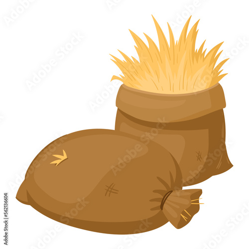 Cartoon bag of hay. Rural agricultural hay, dried fodder straw and hay bag vector illustration on white background