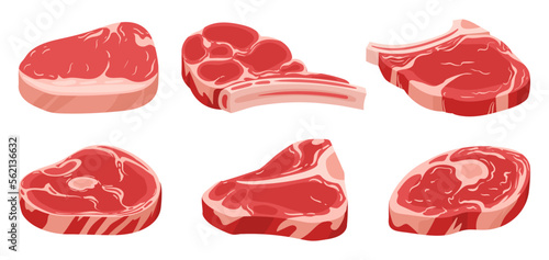 Cartoon raw meat steaks. Pork or red beef steaks, fresh raw filet flat vector illustration on white background
